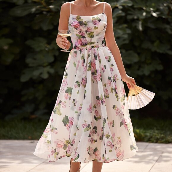 Milla Dresses & Skirts - Floral Midi Dress - White and Pink